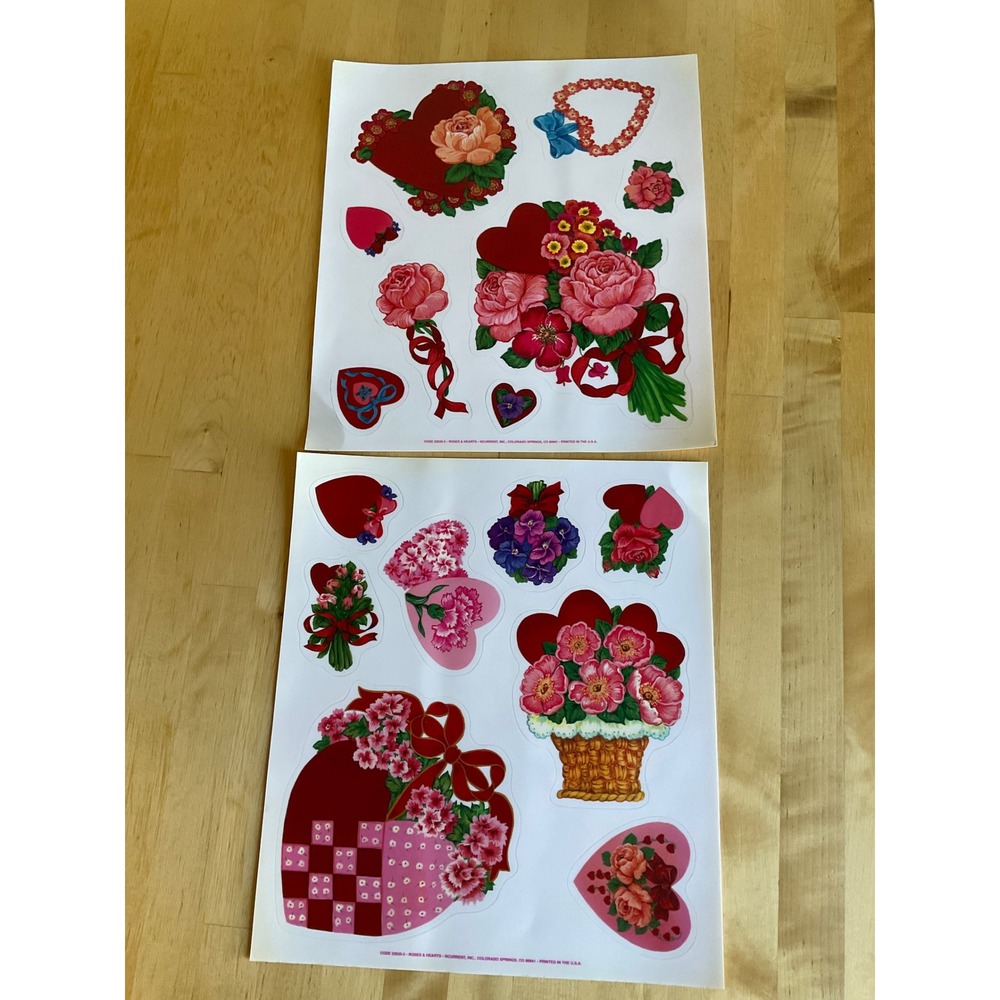 Vintage Current Inc Roses & Hearts Sticker Sheets‎ Floral Valentine Die Cut 2pc